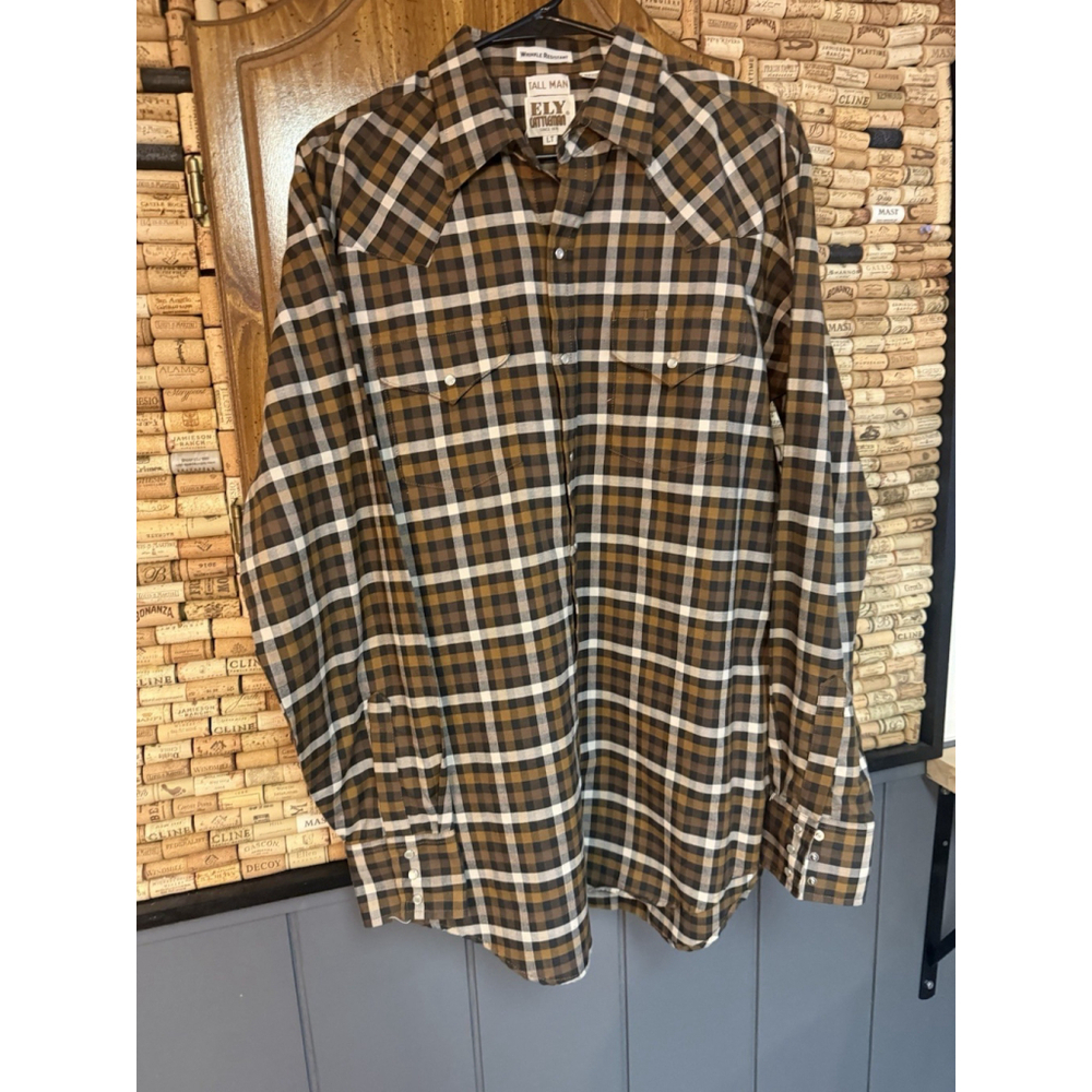 Ely Cattleman Western Pearl Snap brown plaid Wrinkle Res Button Down Shirt L T